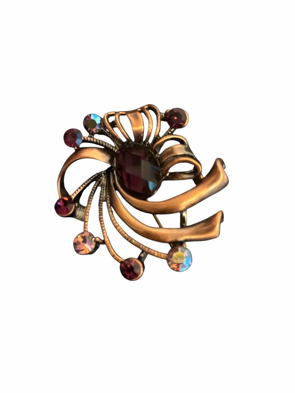 Vintage Copper Tone Abstract Swirl Brooch Purple Iridescent Rhinestone Pin